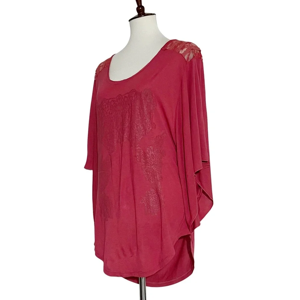 Free People Womens Berry Pink Lace Shoulder Draped‎ Open Back Tunic Top Large